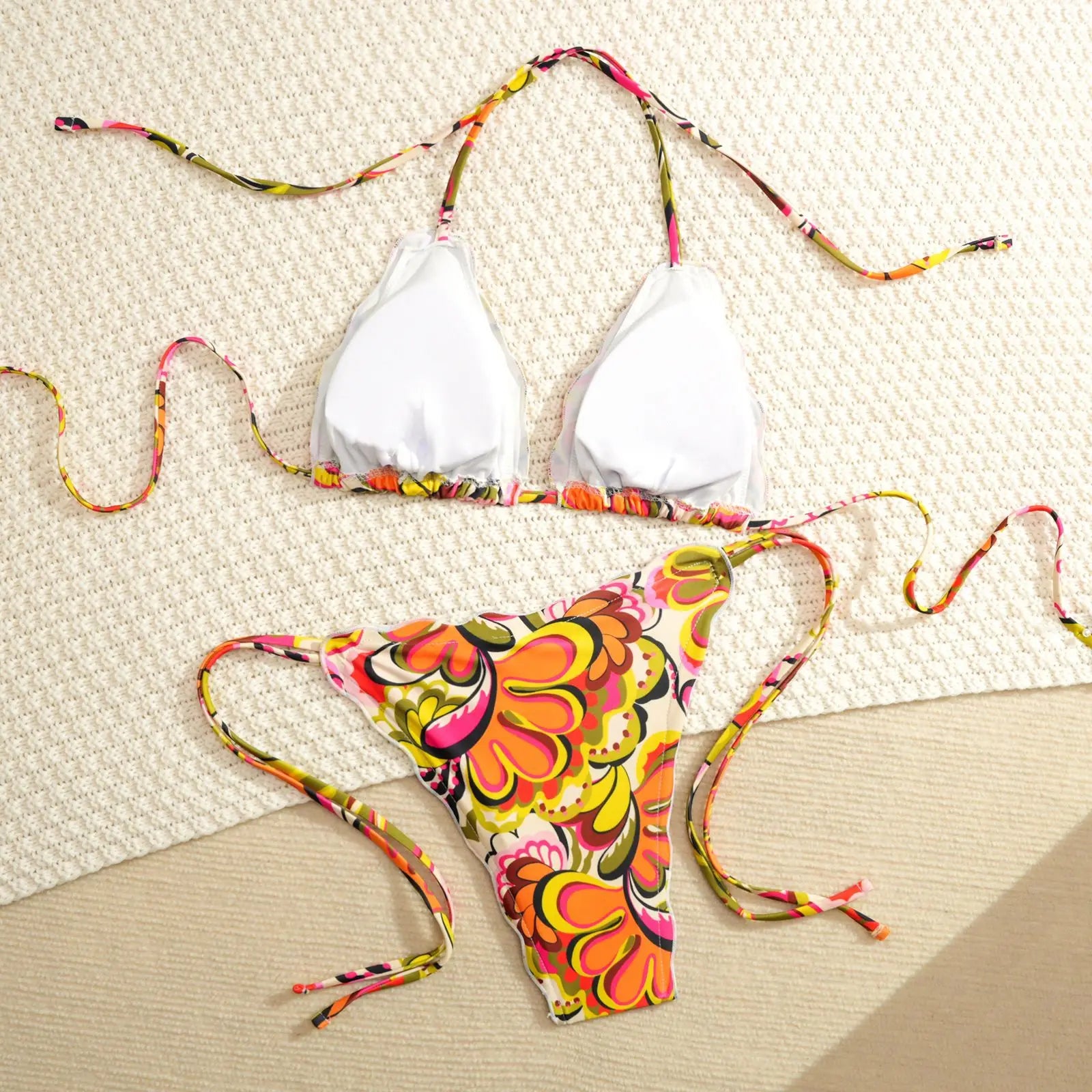Orange Floral Print Micro Bikini Ruffles Push Up Bra Tie Side Thong Swimsuit Beach Bathing Suit