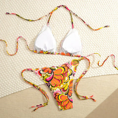 Orange Floral Print Micro Bikini Ruffles Push Up Bra Tie Side Thong Swimsuit Beach Bathing Suit