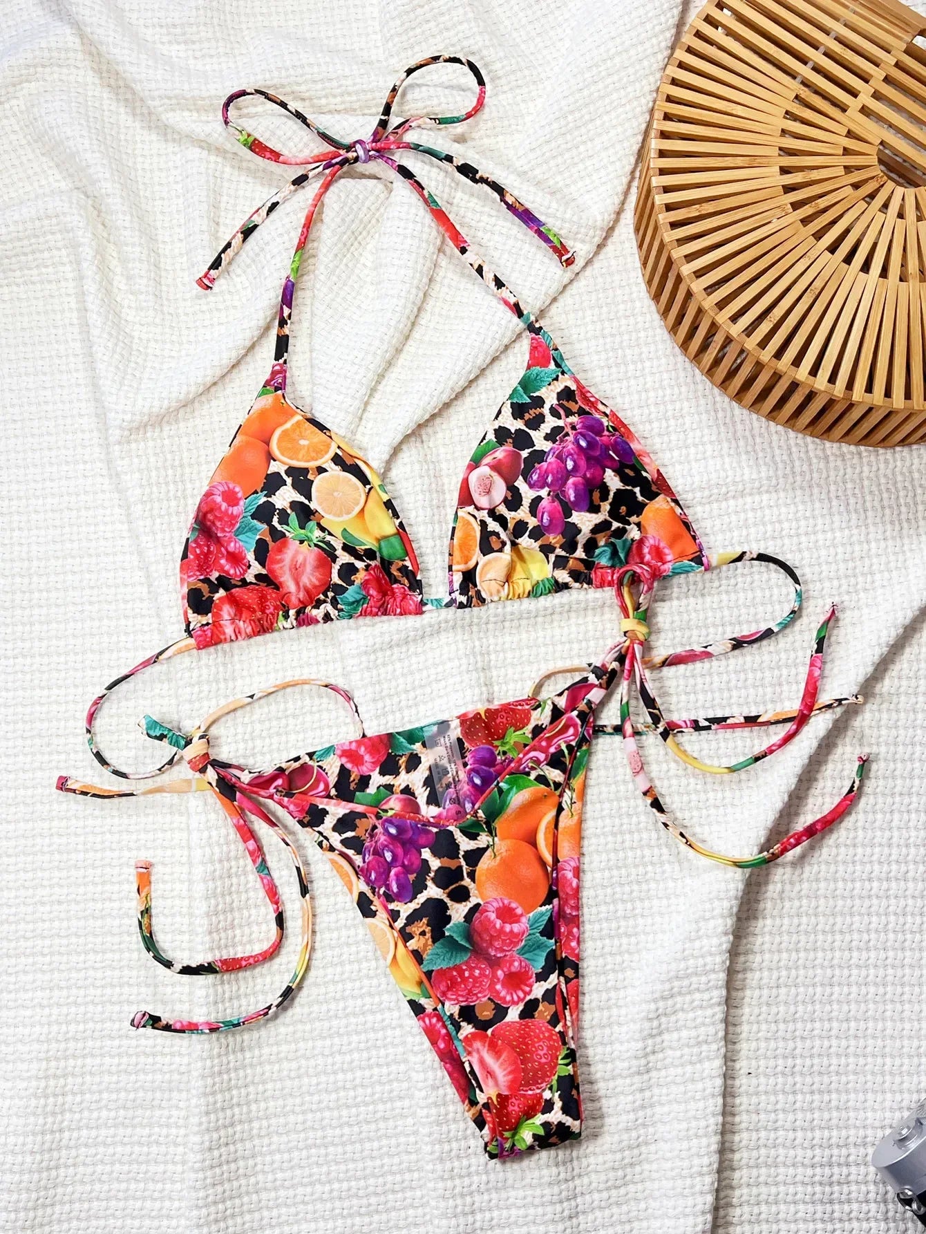 Orange Fruit Print Micro Bikini Brazilian Halter Push Up Tie Side Triangle Swimsuit Beach Bathing Suit Swimwear