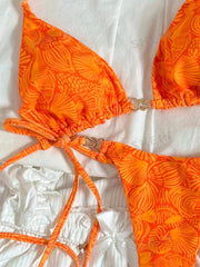 Orange Leaves Print Micro Bikini Push Up Bra Tie Side Thong Swimsuit Bathing Suit