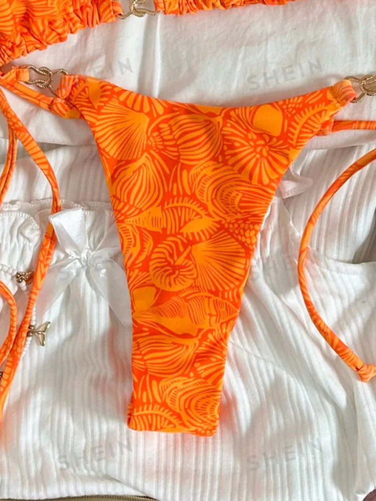 Orange Leaves Print Micro Bikini Push Up Bra Tie Side Thong Swimsuit Bathing Suit