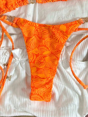 Orange Leaves Print Micro Bikini Push Up Bra Tie Side Thong Swimsuit Bathing Suit