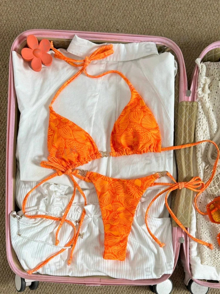 Orange Leaves Print Micro Bikini Push Up Bra Tie Side Thong Swimsuit Bathing Suit