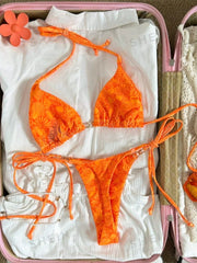 Orange Leaves Print Micro Bikini Push Up Bra Tie Side Thong Swimsuit Bathing Suit