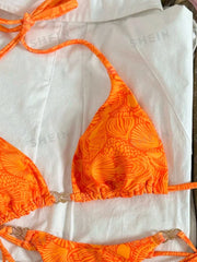 Orange Leaves Print Micro Bikini Push Up Bra Tie Side Thong Swimsuit Bathing Suit