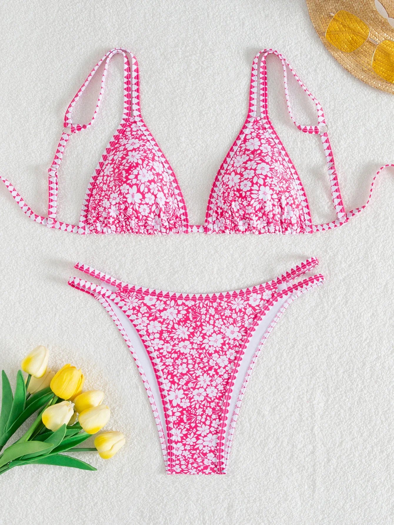 Orange Print Micro Bikini Double Strap Push Up Bra Hollow Out Thong Swimsuit Beach Bathing Suit