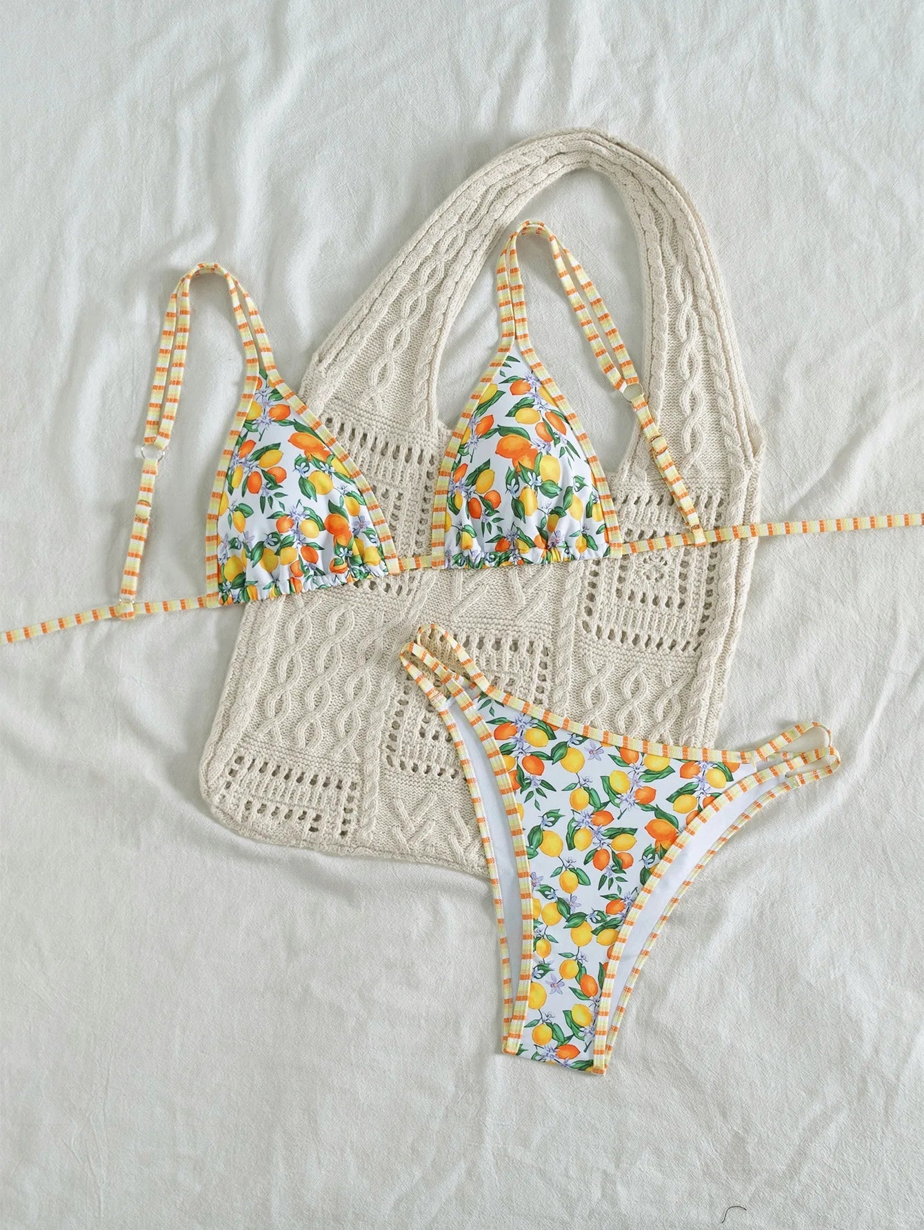 Orange Print Micro Bikini Double Strap Push Up Bra Hollow Out Thong Swimsuit Beach Bathing Suit