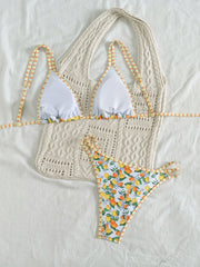 Orange Print Micro Bikini Double Strap Push Up Bra Hollow Out Thong Swimsuit Beach Bathing Suit