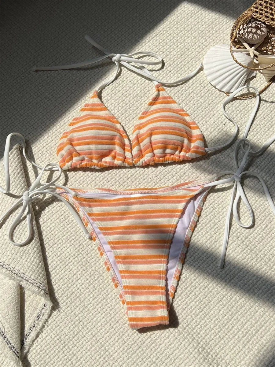 Orange Striped Bikini Set
