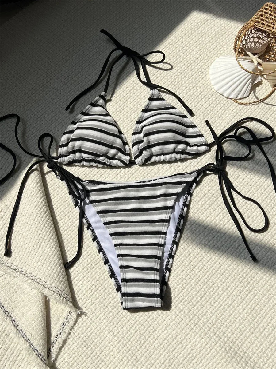 Orange Striped Bikini Set