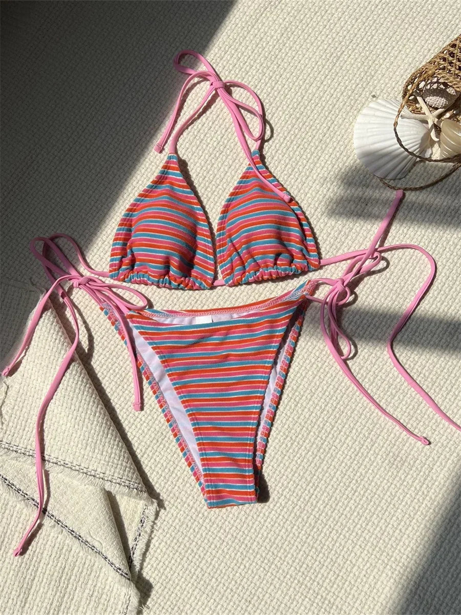 Orange Striped Bikini Set