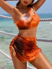 Orange Tie Dye Gradient Bikini Metal Chain One Shoulder Push Up High Waist Swimsuit Beach Skirt 3 Piece Swimwear