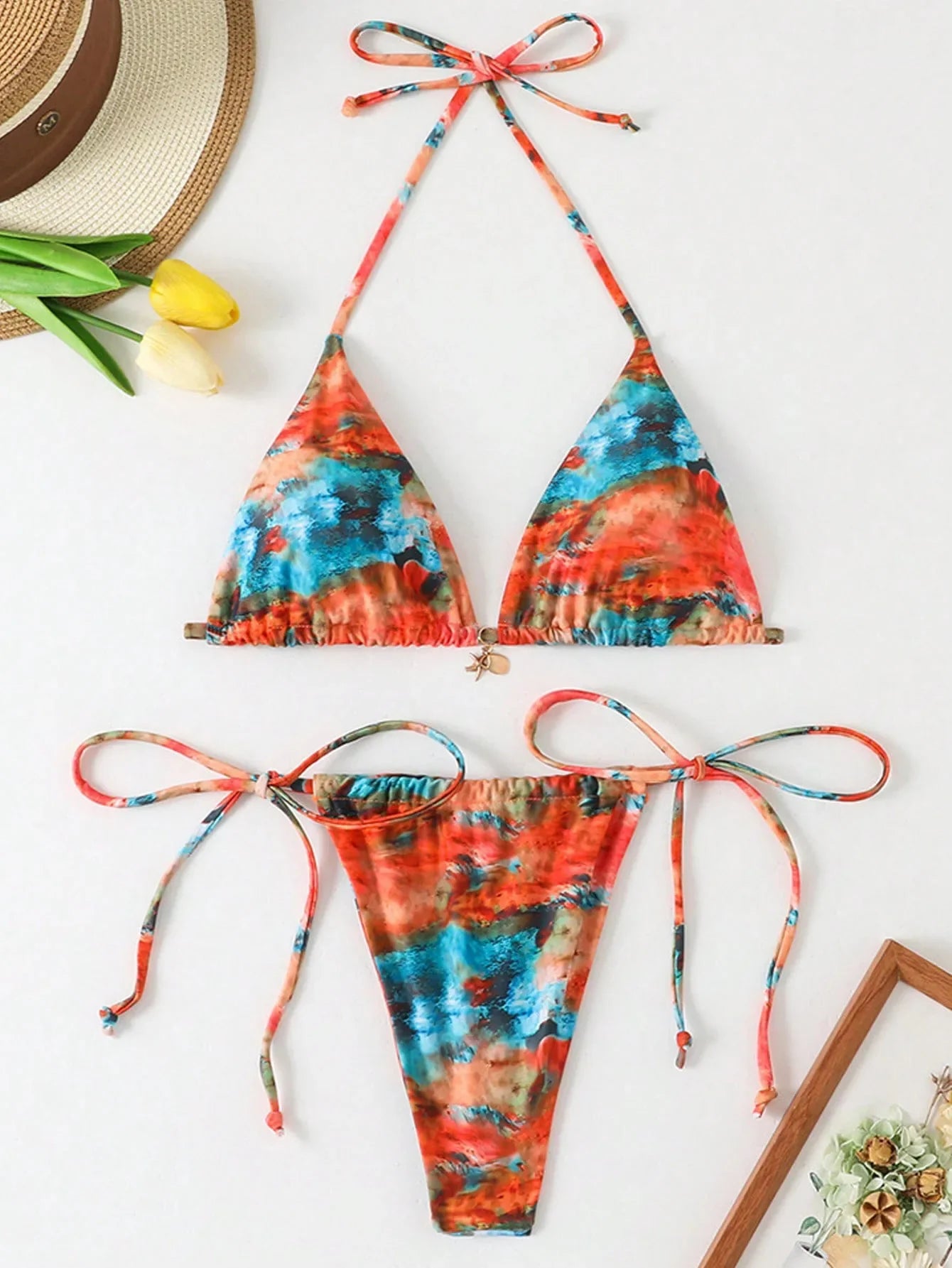 Orange Tie Dye Gradient Micro Bikini Halter Push Up Swimwear Beach Bathing Suit Thong Swimsuit Biquini