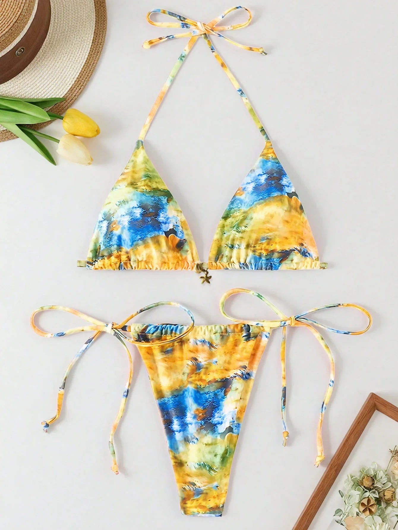 Orange Tie Dye Gradient Micro Bikini Halter Push Up Swimwear Beach Bathing Suit Thong Swimsuit Biquini