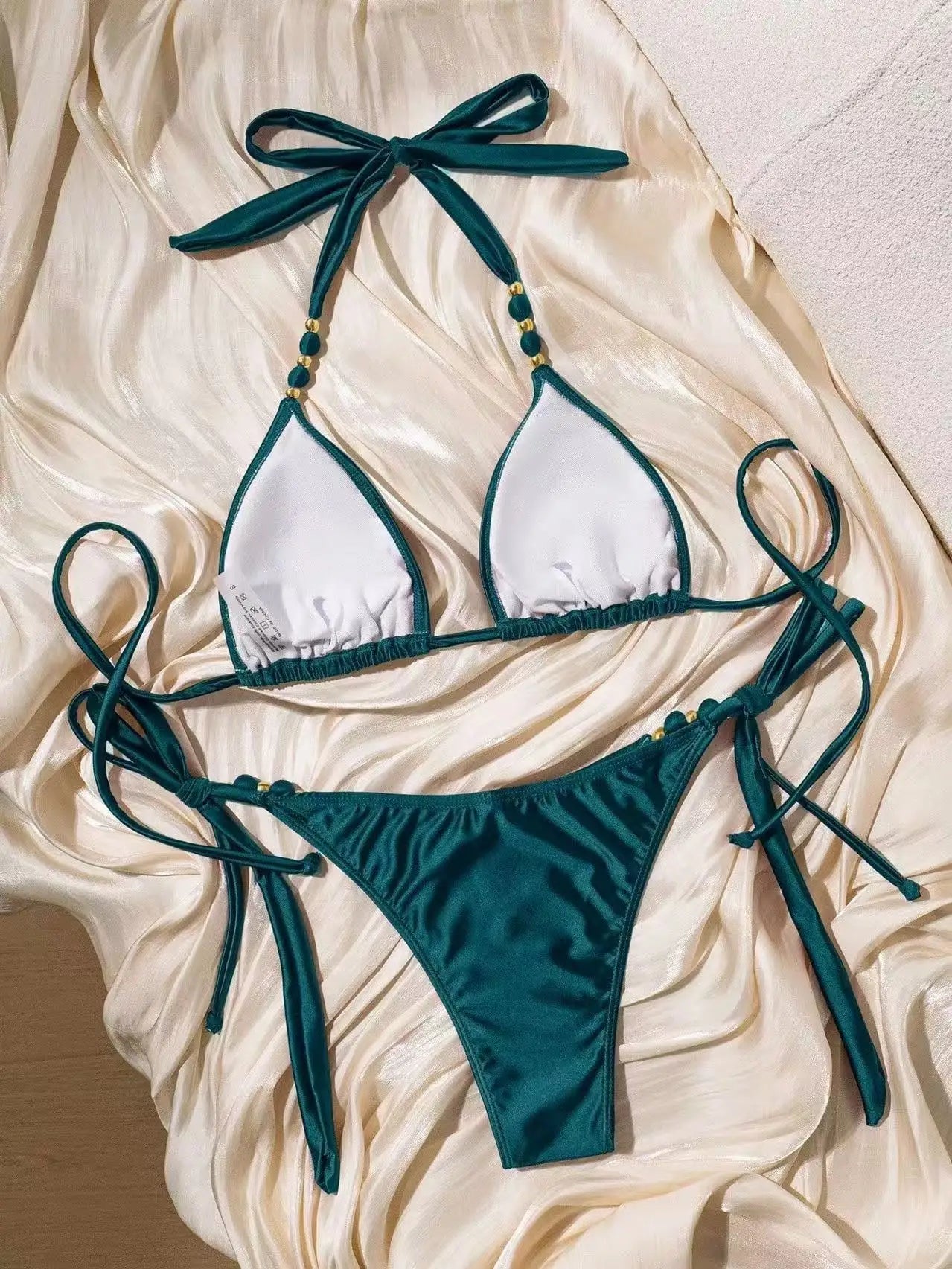 Peacock Blue Micro Bikini Push Up Bra Gold Beaded String Bandage Thong Swimwear Bathing Suit Swimsuit