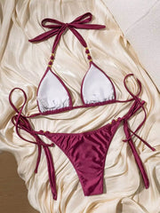 Peacock Blue Micro Bikini Push Up Bra Gold Beaded String Bandage Thong Swimwear Bathing Suit Swimsuit