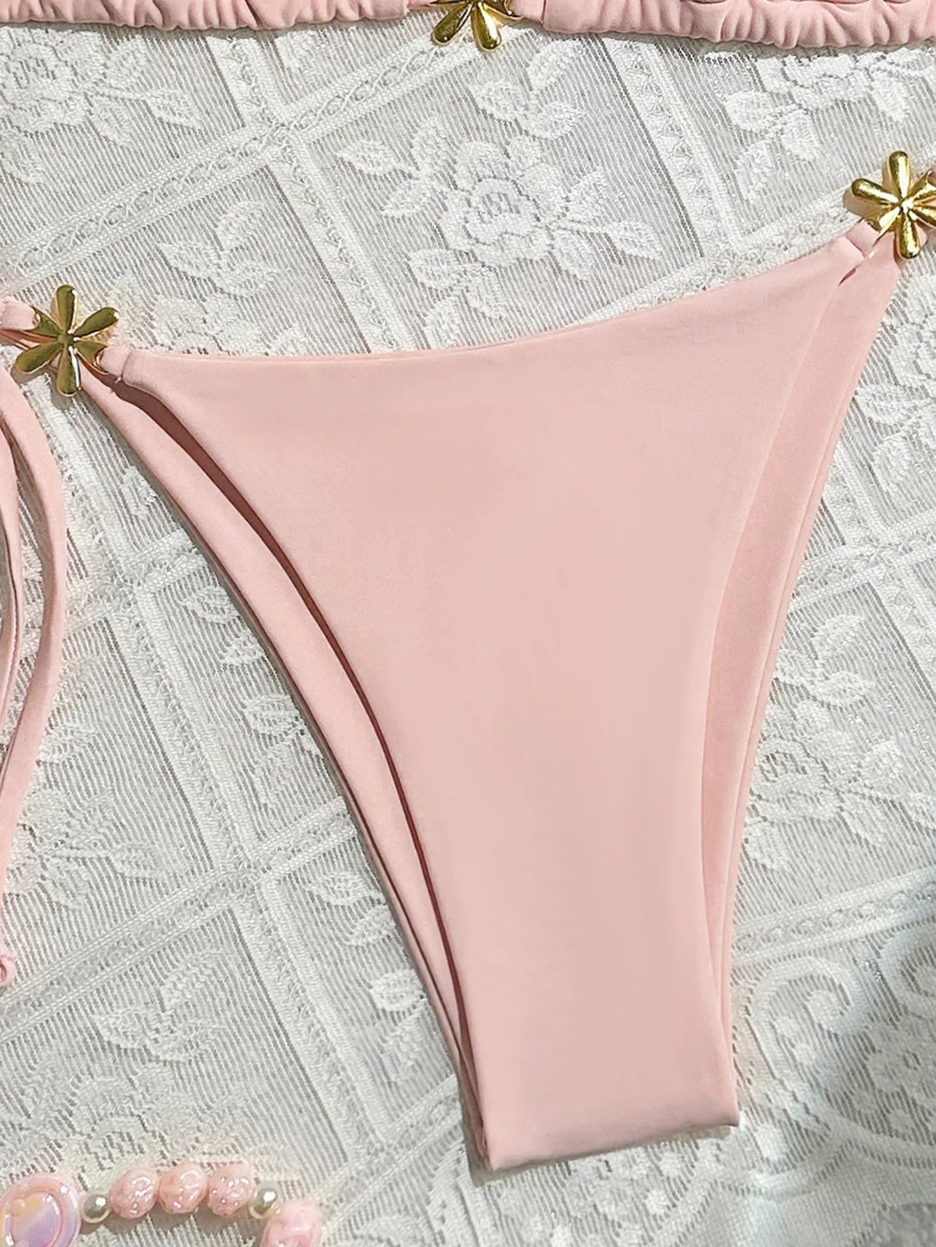 Pink Bikini Mujer Metal Flower Ornament Push Up Tie Side Thong Swimsuit Brazilian Bathing Suit Micro Swimwear