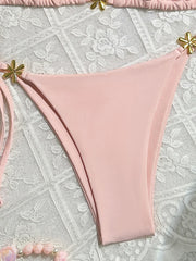 Pink Bikini Mujer Metal Flower Ornament Push Up Tie Side Thong Swimsuit Brazilian Bathing Suit Micro Swimwear