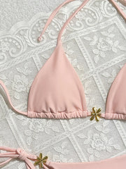 Pink Bikini Mujer Metal Flower Ornament Push Up Tie Side Thong Swimsuit Brazilian Bathing Suit Micro Swimwear
