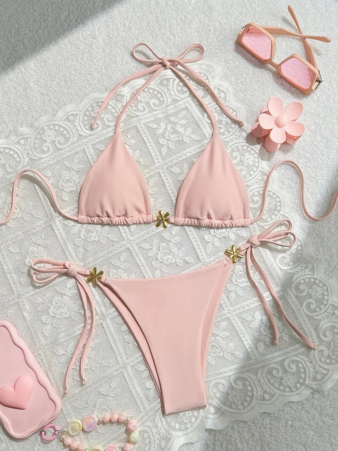 Pink Bikini Mujer Metal Flower Ornament Push Up Tie Side Thong Swimsuit Brazilian Bathing Suit Micro Swimwear
