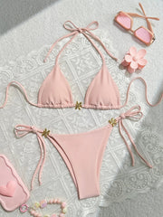 Pink Bikini Mujer Metal Flower Ornament Push Up Tie Side Thong Swimsuit Brazilian Bathing Suit Micro Swimwear