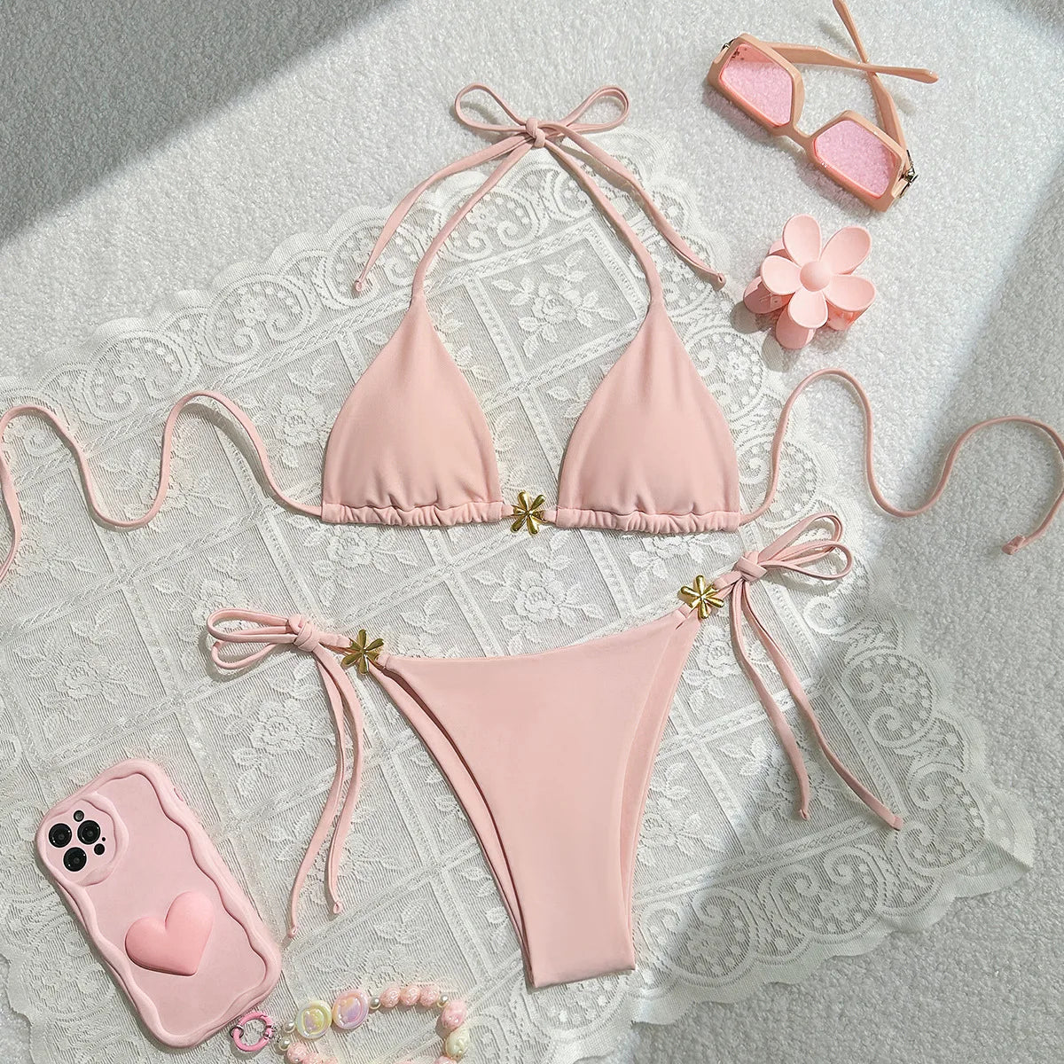 Pink Bikini Mujer Metal Flower Ornament Push Up Tie Side Thong Swimsuit Brazilian Bathing Suit Micro Swimwear