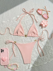 Pink Bikini Mujer Metal Flower Ornament Push Up Tie Side Thong Swimsuit Brazilian Bathing Suit Micro Swimwear