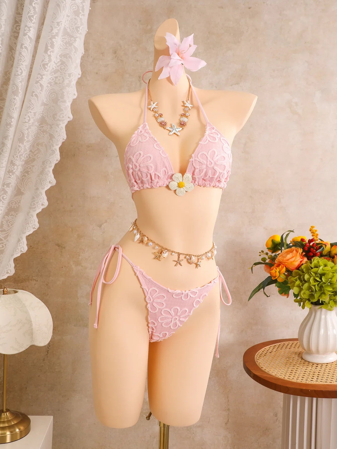 Pink Floral Embroidery Bikinis Sets