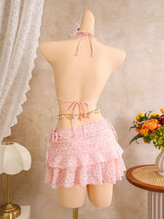 Pink Floral Embroidery Bikinis Sets