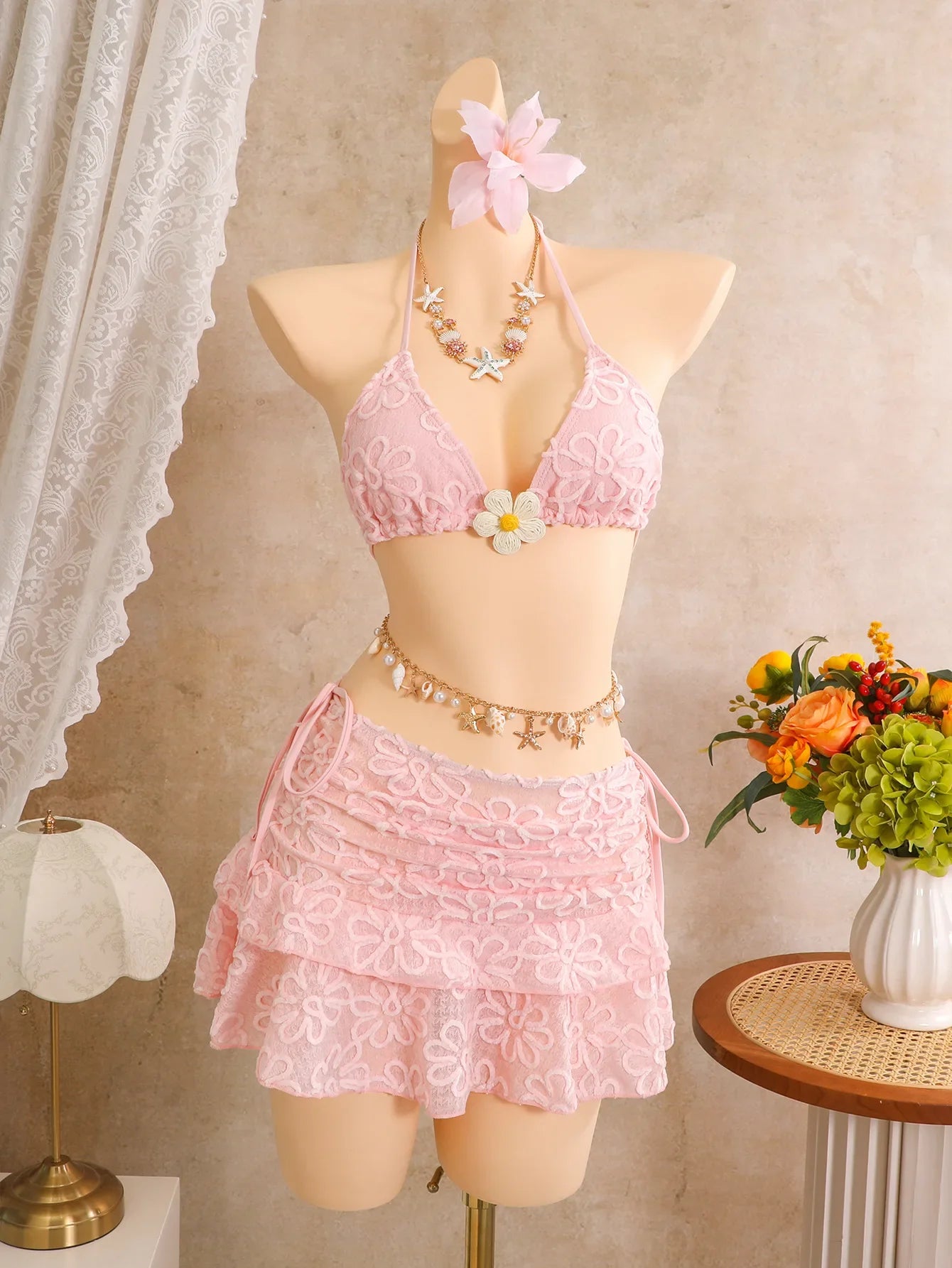 Pink Floral Embroidery Bikinis Sets