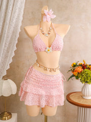 Pink Floral Embroidery Bikinis Sets