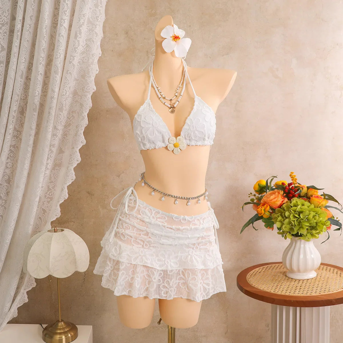 Pink Floral Embroidery Bikinis Sets