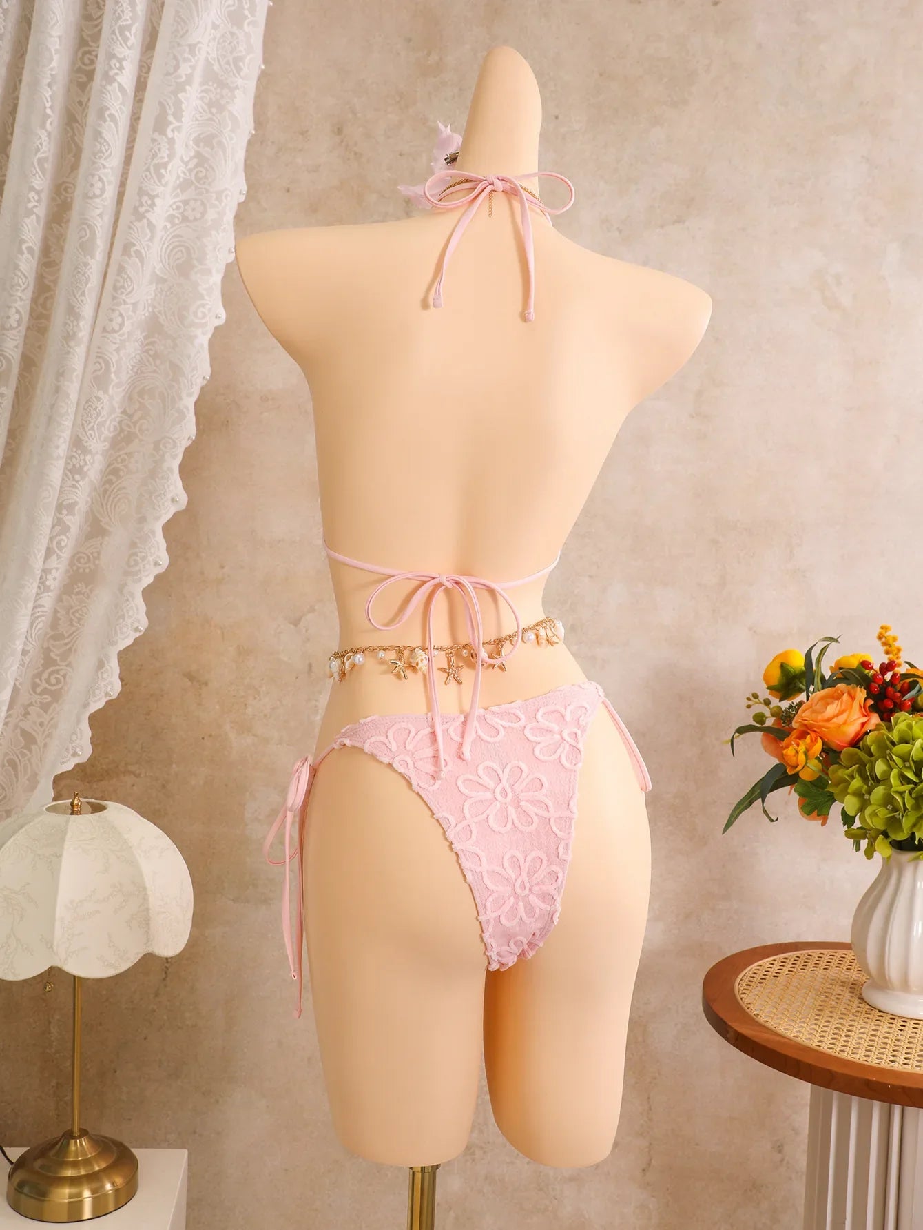 Pink Floral Embroidery Bikinis Sets
