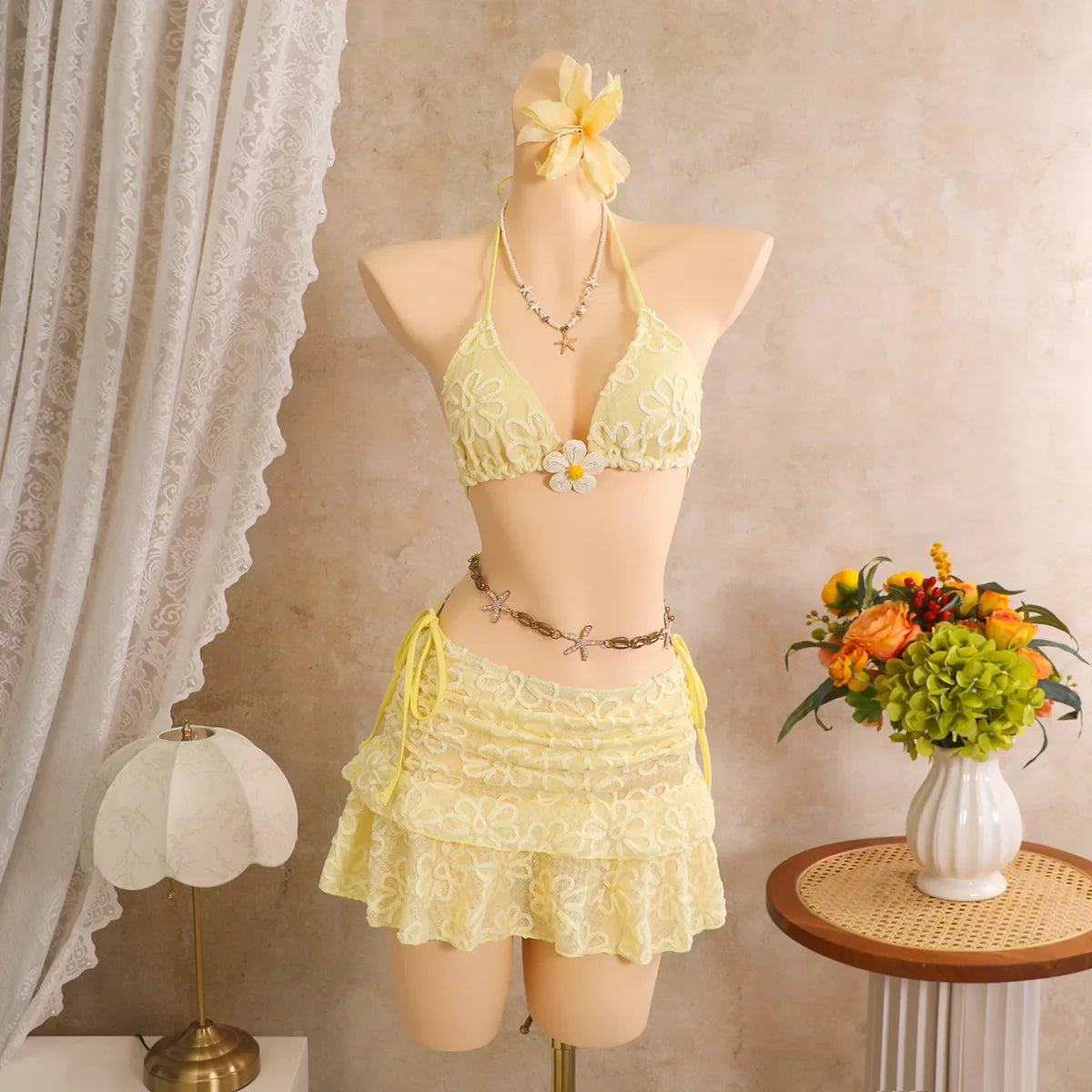 Pink Floral Embroidery Bikinis Sets