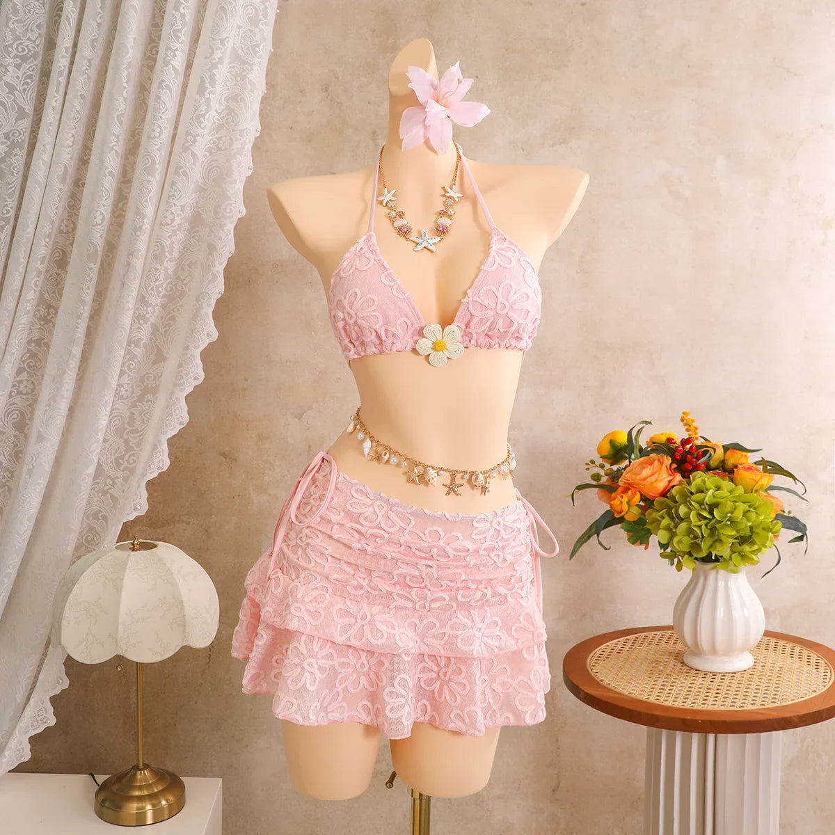 Pink Floral Embroidery Bikinis Sets