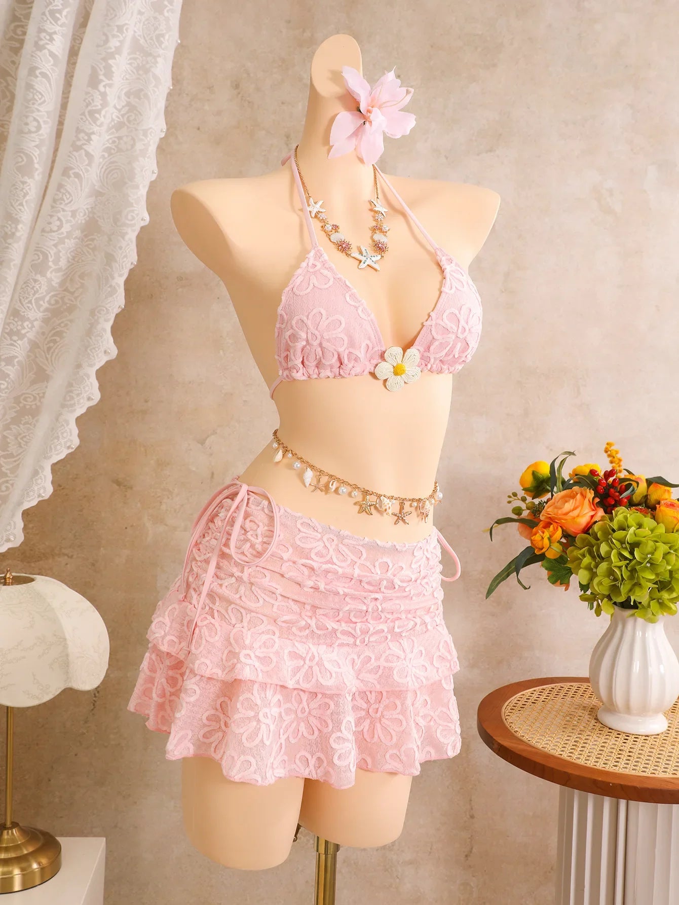 Pink Floral Embroidery Bikinis Sets