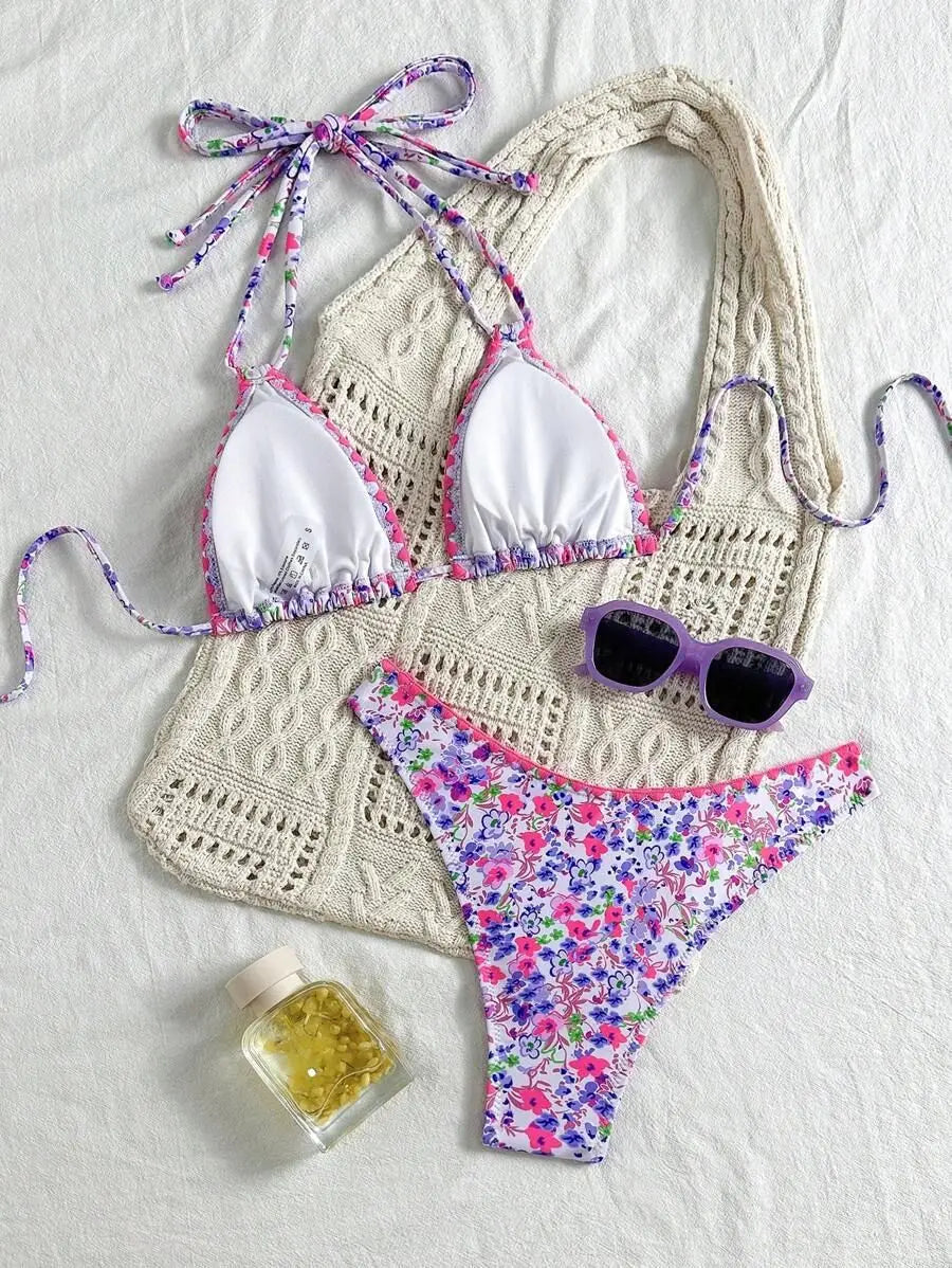 Pink Floral Print Bikini Set