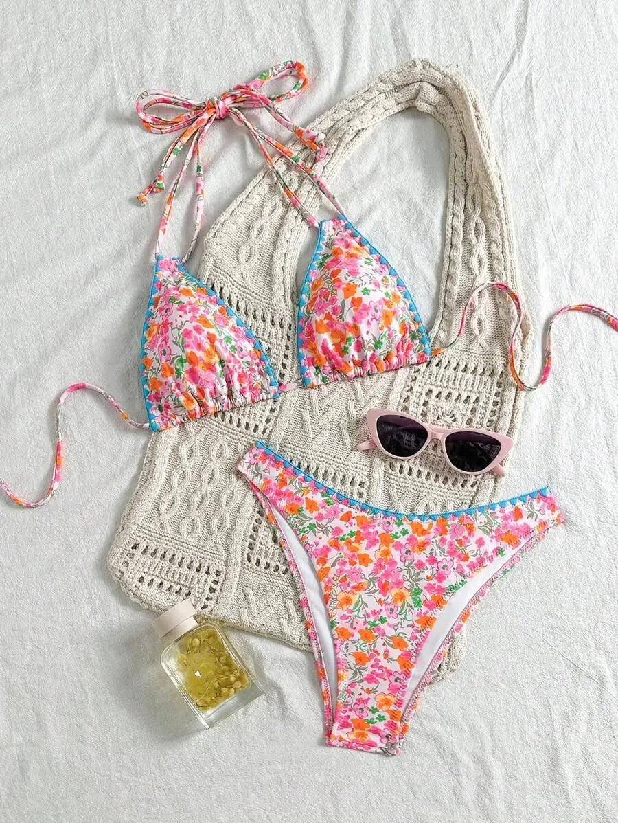 Pink Floral Print Bikini Set