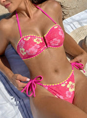 Pink Floral Print Bikini Halter U Neck Push Up Bra Tie Side Thong Swimsuit Beach Bathing Suit