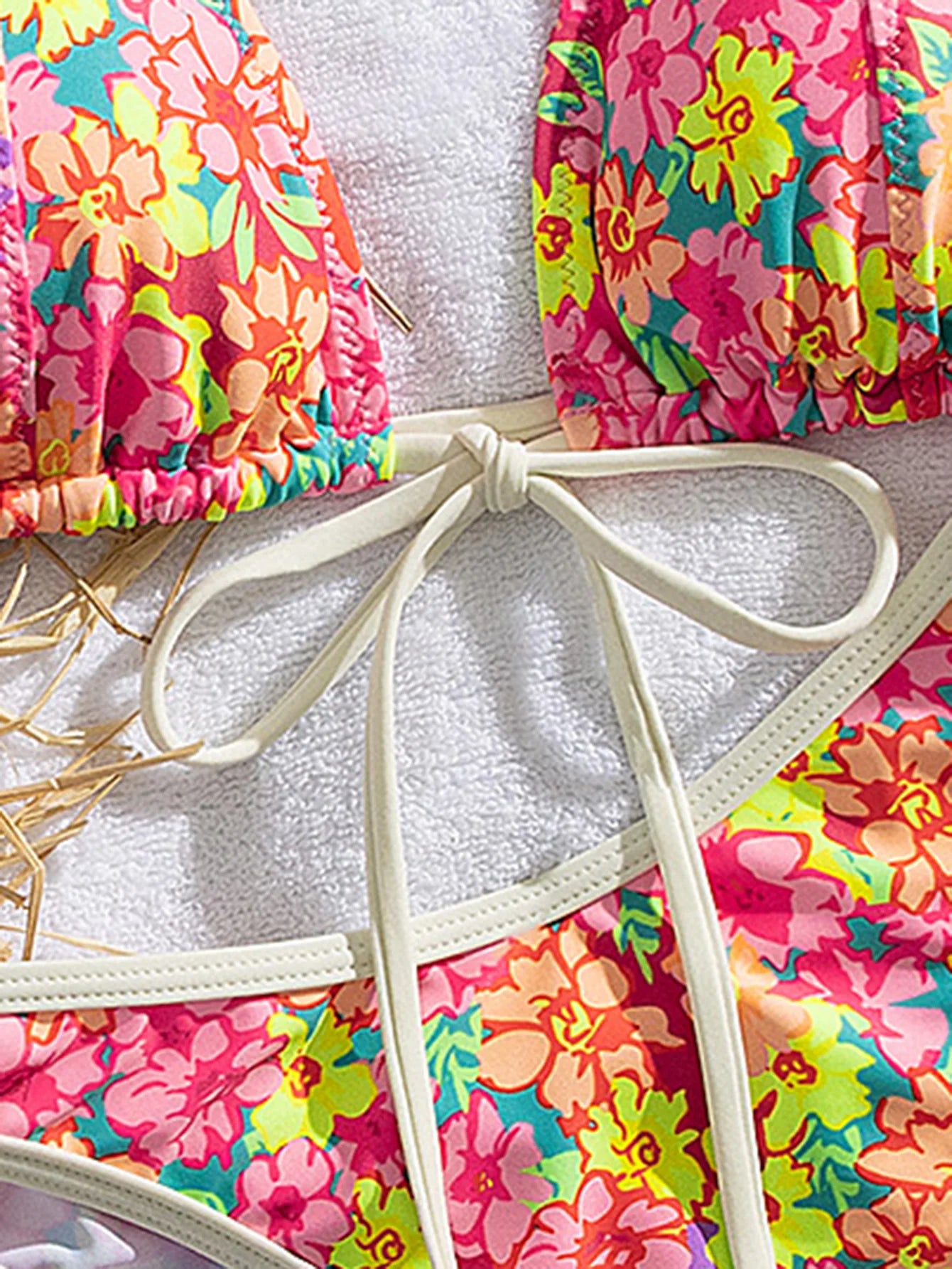 Pink Floral Print Micro Bikini Front Tie Push Up Bra Thong Swimsuit Beach Bathing Suit Vacation Swimwear Biquini