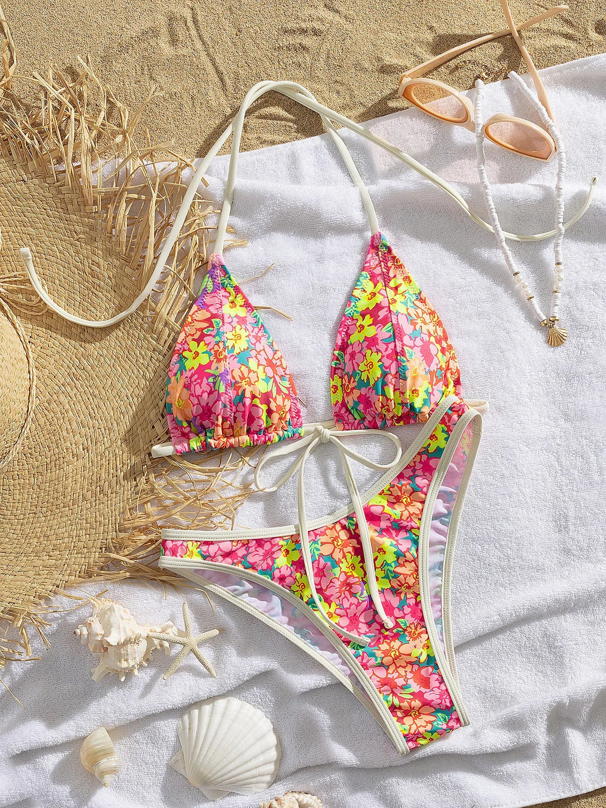 Pink Floral Print Micro Bikini Front Tie Push Up Bra Thong Swimsuit Beach Bathing Suit Vacation Swimwear Biquini