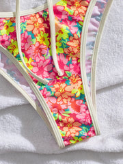 Pink Floral Print Micro Bikini Front Tie Push Up Bra Thong Swimsuit Beach Bathing Suit Vacation Swimwear Biquini