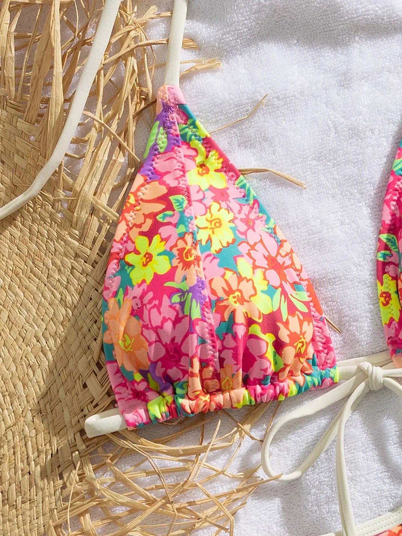 Pink Floral Print Micro Bikini Front Tie Push Up Bra Thong Swimsuit Beach Bathing Suit Vacation Swimwear Biquini