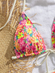 Pink Floral Print Micro Bikini Front Tie Push Up Bra Thong Swimsuit Beach Bathing Suit Vacation Swimwear Biquini
