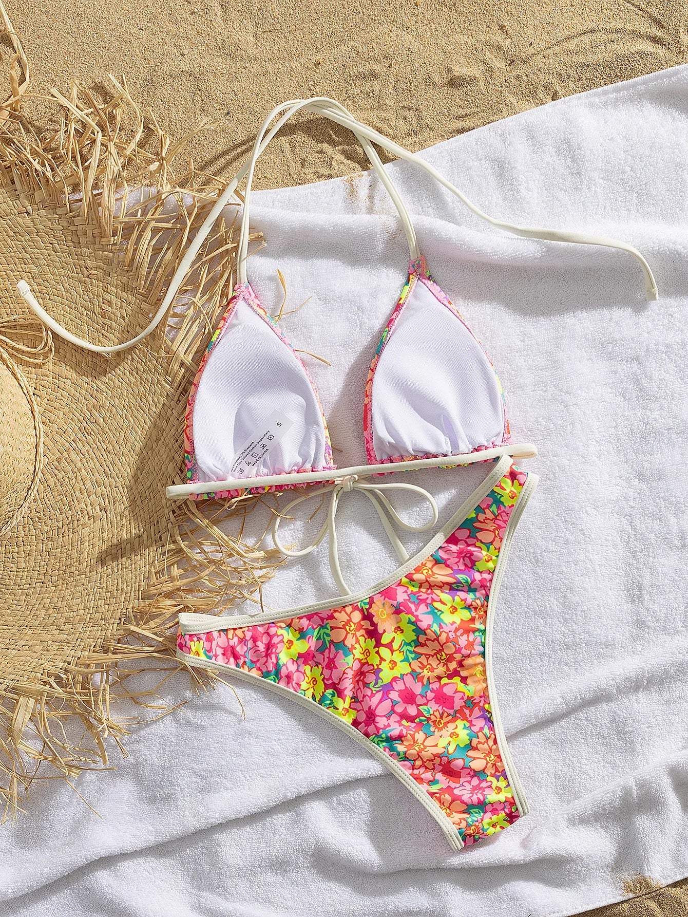 Pink Floral Print Micro Bikini Front Tie Push Up Bra Thong Swimsuit Beach Bathing Suit Vacation Swimwear Biquini