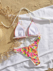 Pink Floral Print Micro Bikini Front Tie Push Up Bra Thong Swimsuit Beach Bathing Suit Vacation Swimwear Biquini