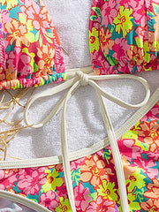 Pink Floral Print Micro Bikini Front Tie Push Up Bra Thong Swimsuit Beach Bathing Suit Vacation Swimwear Biquini