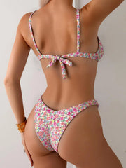 Pink Floral Print Micro Bikini Front Tie Push Up Underwire Thong Swimsuit Bathing Suit