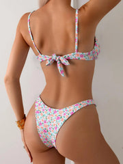 Pink Floral Print Micro Bikini Front Tie Push Up Underwire Thong Swimsuit Bathing Suit