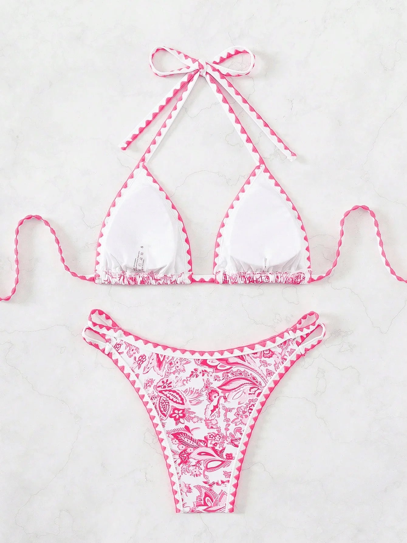 Pink Floral Print Micro Bikini Halter Push Up Bra Hollow Out Thong Swimwear Bathing Suit Holiday Swimsuit